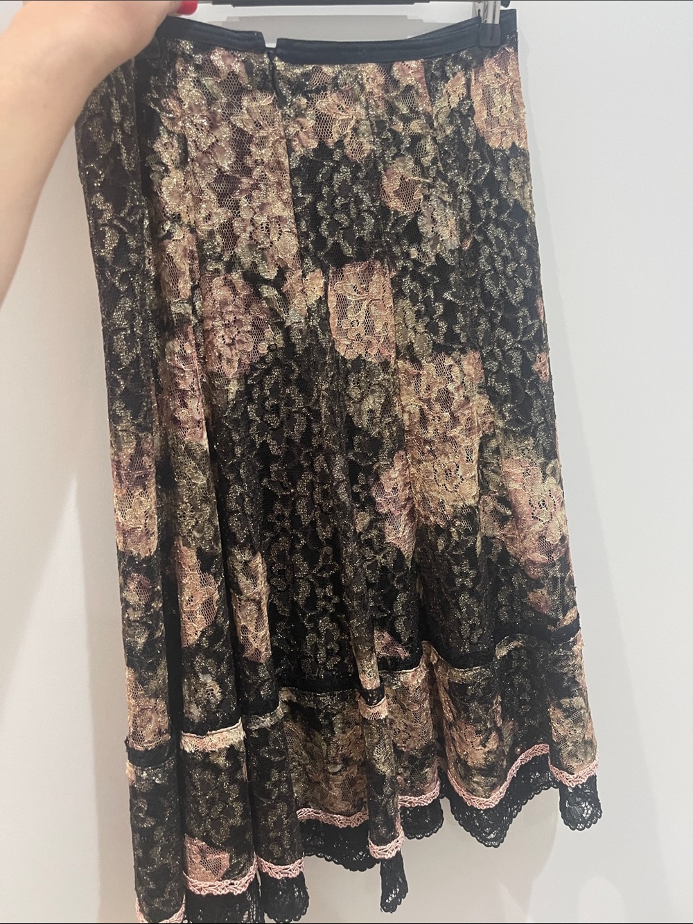 Cynthia Steffe Black Lace Midi Skirt with Pink and Gold Floral Overlay